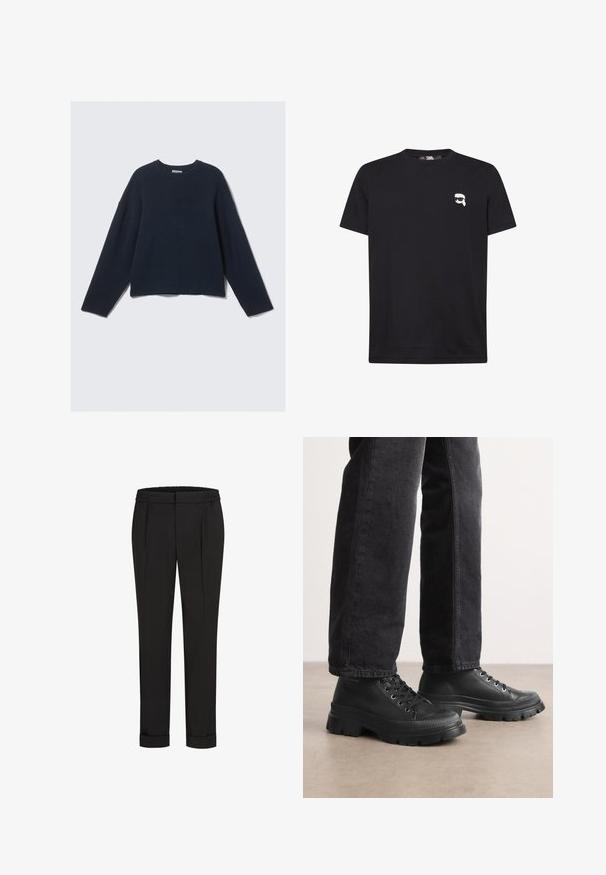 Marineblauer, langärmeliger Strickpullover mit Rundhalsausschnitt und leicht gesenkten Schultern vor einem schlichten hellen Hintergrund.; Schwarzes Baumwoll-T-Shirt mit einem kleinen weißen grafischen Gesicht mit Sonnenbrille im linken Brustbereich. Kurzarm und Rundhalsausschnitt-Design.; Schwarze Hose mit Gummibund, gerade geschnitten und mit umgeschlagenen Säumen. Hergestellt aus glattem, gewebtem Stoff ohne Muster.; Schwarze Schnürsneaker mit einer klobigen, strukturierten Sohle und glattem Obermaterial. Mit Metallösen und einem gerippten Akzent um die Zehenpartie.
