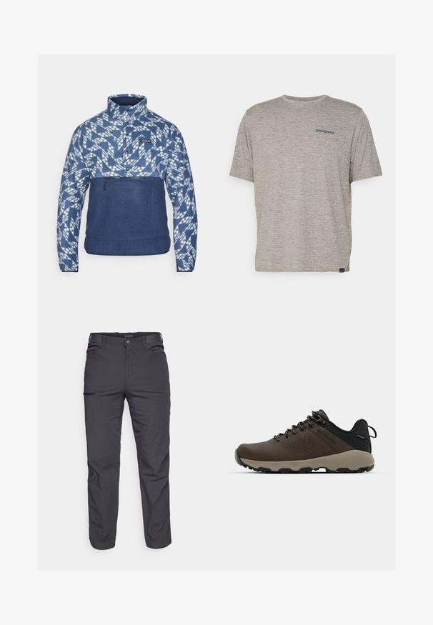 Blauer Fleece-Pullover mit geometrischem weißen Muster oben, einfarbigen dunkelblauen unteren Teil, hohem Kragen, halbem Reißverschluss und Logo auf der linken Brust.; Graues T-Shirt mit kurzen Ärmeln, aus weichem, strukturiertem Stoff, mit einem kleinen blauen Patagonia-Logo auf der linken Brust. Keine zusätzlichen Muster.; Dunkelgraue Hose aus strapazierfähigem Material, mit einer Reißverschlusstasche, geradem Schnitt und Gürtelschlaufen für eine verstellbare Passform.; Braune wasserdichte Sneakers mit einer strukturierten Oberseite, perforierten Akzenten, schwarzem Fersenschutz und einer grauen Gummisohle. Die Schnürsenkel sind mit metallischen Enden gestaltet.