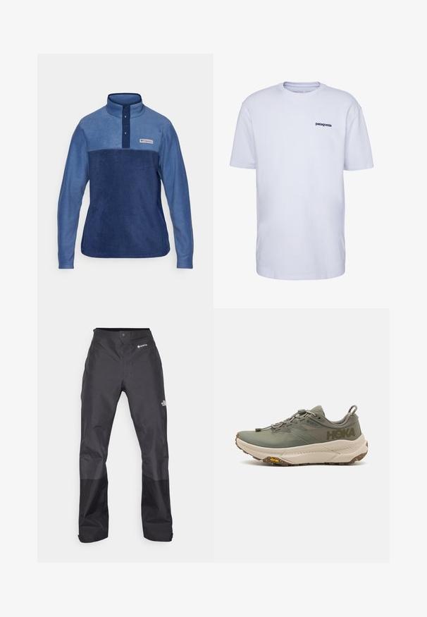 Φλις πόλο σε αποχρώσεις του μπλε με ψηλό γιακά, τέσσερις κουμπί φερμουάρ και λογότυπο στο στήθος, με μαλακή, υφή φινίρισμα.; Λευκό κοντομάνικο μπλουζάκι από βαμβάκι, με λαιμόκοψη και μικρό λογότυπο "patagonia" σε navy μπλε στο αριστερό στήθος.; Μαύρα αδιάβροχα παντελόνια με απλή υφή, που διαθέτουν λογότυπο GORE-TEX στο μπροστινό μέρος και ενισχυμένα κάτω μέρη για αυξημένη αντοχή.; Πράσινο τρέξιμο Hoka με επάνω μέρος Gore-Tex, υφασμάτινες λεπτομέρειες, ελαστικά κορδόνια και χοντρή μπεζ σόλα με λογότυπο Vibram.