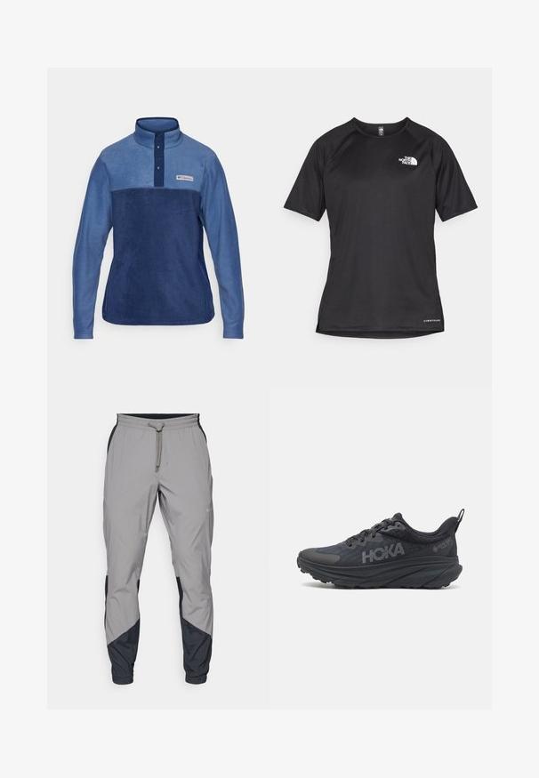 Fleeces džemperis zilo toņu, ar augstu apkakli, četru pogu aizdari un krūšu logo uzlīmi, ar mīkstu, teksturētu apdari.; Melna sporta krekla īsām piedurknēm ar strukturētu audumu, kas ir ar baltu logotipu kreisajā krūtīs un taisnu apakšmalu.; Viegls, pelēks sporta bikses ar melniem akcentiem. Elastīga josta, ar auklu aizdare, sašaurināts kāju dizains un sānu kabatas.; Melns Hoka skriešanas apavi ar tīkla augšdaļu, strukturētām detaļām un biezu, amortizētu zoli ar sašaurinātiem maliem, lai nodrošinātu labāku atbalstu.