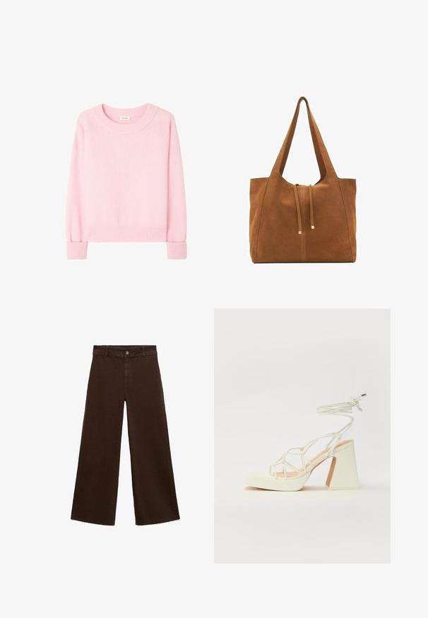 Růžový pletený svetr s kulatým výstřihem, žebrovanými manžetami a lemem. Měkká textura, dlouhé rukávy a volný střih.; Hnědé kalhoty širokého střihu z bavlněné směsi, s třepicí na lemu, předním zapínáním na knoflík a klasickým designem pěti kapes. Minimalistické a univerzální.; Bílé sandály na vysokém podpatku s robustním podpatkem, s designem s pásky a zavazováním kolem kotníku. Hladký povrch s platformou vpředu pro zvýšení výšky.; Hnědá semišová taška s dvěma dlouhými popruhy, stahovací šňůrkou a minimalistickým designem. Hladký povrch a žádné viditelné kovové akcenty.