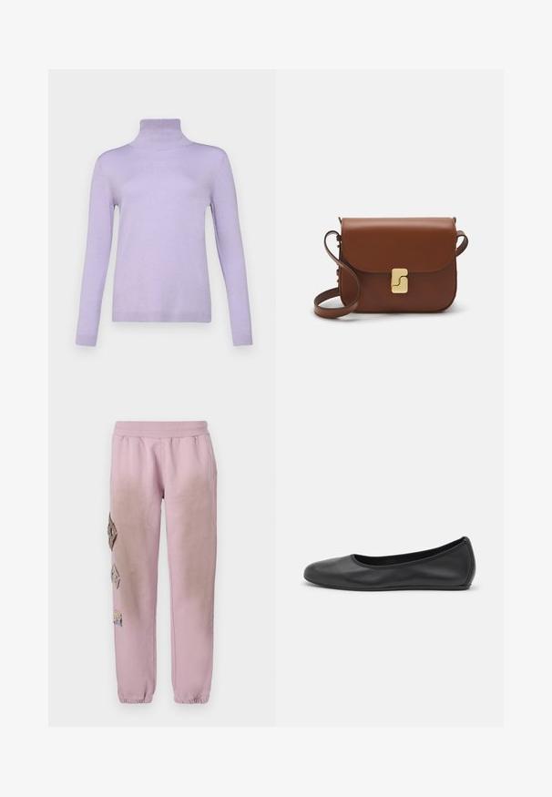 WEEKEND MaxMara KIKU - Pulóver - lilla; Rózsaszín melegítőnadrág elasztikus derékkal, bal oldalon gyémánt alakú dekoratív foltokkal és elasztikus szárakkal az bokákon.; Fekete bőr balettcipő lekerekített orral, sima tekstúrával, minimális varrással és rugalmas talp kialakítással.; Barna bőr kézitáska, hajtókás zárással, arany színű fém kiegészítőkkel, vállpánttal és sima felülettel. Kompakt téglalap alakú.