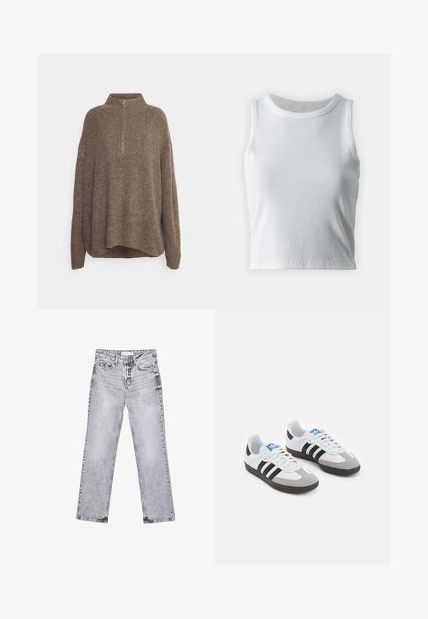 Brauner Strickpullover mit Stehkragen, verfügt über eine gerippte Textur und einen halben Reißverschluss mit einem runden Ziehband. Lockerer Schnitt mit überschnittenen Schultern.; Weißes, geripptes Tanktop mit runder Ausschnittform und ärmellosem Design, ausgestattet mit einem geraden Saum und einer glatten, dehnbaren Textur.; Graue Jeans aus Denim mit geradem Bein, mit Used-Effekten, fünf Taschen und kupferfarbenen Nieten. Der Bund verfügt über ein Logoshirt.; Sportschuhe mit einem Obermaterial aus weißem Leder, grauer Wildleder-Zehenkappe und drei schwarzen Streifen. Sie verfügen über ein blaues Logo auf der Zunge und eine strukturierte Gummisohle.