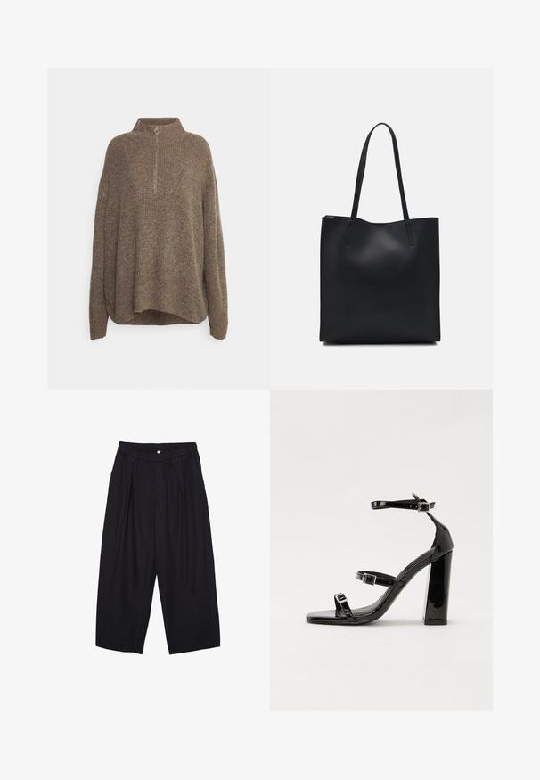 Smeđi pleteni pulover s visokom ovratnikom, s rebrastom teksturom i polu zatvaračem s okruglom trakom za povlačenje. Opusten kroj s spuštenim ramenima.; Crne poliester hlače culotte s elastičnim pojasom, dva prednja nabora i širokim krojem. Nema vidljivih uzoraka ili metalnih detalja.; Crne lakirane sandale na pete sa kvadratnim nosom, trakama oko gležnja i srebrnim kopčama. Imaju čvrst blok petu za stabilnost.; Crna kožna torba za nošenje s glatkom teksturom, pravokutnim oblikom i dvije duge ručke. Nema vidljivih metalnih dijelova ili ukrasa.
