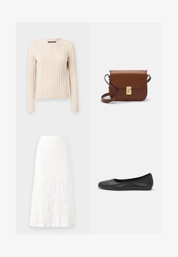 Cable-knit cream sweater with long sleeves and a crew neckline. Ribbed cuffs and hem add texture to the soft fabric.; White short-sleeve t-shirt made of ribbed fabric. Round neckline, regular fit, and subtle stitching details. No patterns or graphics.; Knit white midi skirt featuring a textured pattern with vertical lines and cut-out details near the hem. Elastic waistband. Soft material.; Black leather ballet flat with a rounded toe, smooth texture, minimal stitching detail, and a flexible sole design.; Brown leather handbag with a flap closure, gold-tone hardware, a shoulder strap, and a smooth texture. Compact rectangular shape.