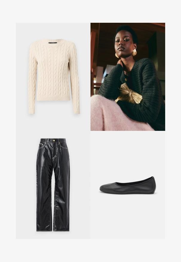 Pull en maille torsadée crème avec des manches longues et un col rond. Les poignets et l'ourlet côte à côte ajoutent de la texture au tissu doux.; Pantalons en cuir synthétique noirs à coupe large, avec des coutures blanches, des poches avant et un bouton doré à la taille.; Ballerines en cuir noir avec un bout rond, texture lisse, détails de couture minimalistes et design de semelle flexible.; Loeffler Randall PLEATED FRAME WITH BOW - Pochette - gold-coloured