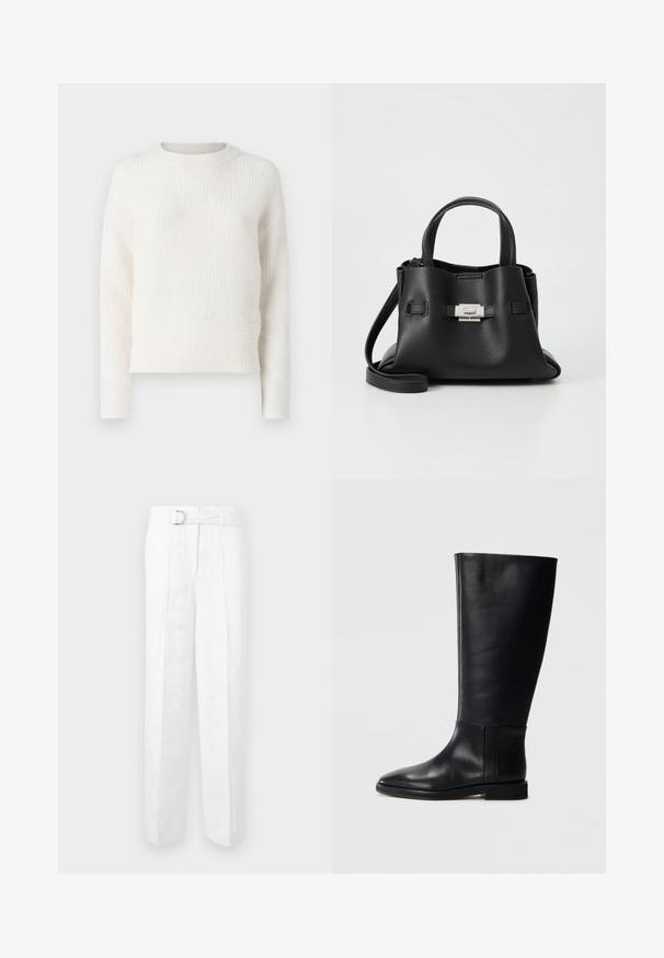 Kremasti pleteni pulover s rebrastim uzorkom, okruglim izrezom, dugim rukavima i skraćenim rubom. Mekana tekstura s suptilnim horizontalnim prugama.; Bijele krojene hlače s širokim nogavicama, petljama za remen i remenom s srebrnom kopčom. Izrađene od laganog materijala s glatkom teksturom.; Crne kožne čizme do koljena s zaobljenim vrhom, glatkom teksturom, minimalističkim dizajnom i ravnim đonom. Jednostavni šavovi na vertikalnom dijelu.; Crna kožna torba s teksturiranim završnim obradom, koja ima dva gornja ručka, odvojivu naramenicu i detalj s srebrnim kopčanjem.