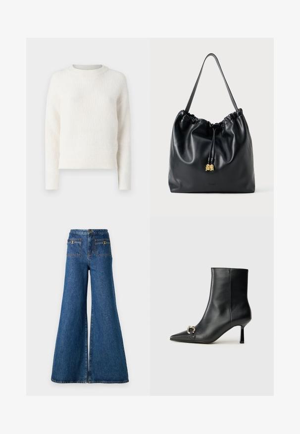 Cream ribbed knit sweater with a round neckline, long sleeves, and a cropped hem. Soft texture with subtle horizontal lines.; Wide-leg denim jeans in dark blue, featuring a high waist, two back pockets with gold hardware, and a raw hem at the legs.; Black leather ankle boot with pointed toe, slim mid-height heel, and silver buckle detail on side against plain background.; Black leather drawstring bag with a smooth texture, gathered top, and subtle gold hardware. Features a single sturdy strap and embossed logo.