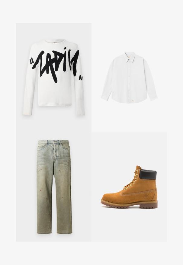 Biela košeľa s dlhým rukávom s veľkým čiernym textom, ktorý hovorí "LADIES." Mäkkučká látka s okrúhlym výstrihom a klasickým strihom.; Biela košeľa s gombíkmi a klasickým golierom, dlhými rukávmi a zaobleným lemom; obsahuje malé oranžové logo na dolnej ľavej strane.; Zničené džínsy vo svetlozelenej farbe s rovnými nohavicami, piatimi vreckami a nerovnomerným vyblednutím so škvrnami od farby.; Tyrkysové semišové členkové topánky s čiernym polstrovaným golierom, zlatými kovovými očkami, bielym prešívaním a robustnou gumovou podrážkou s výraznými drážkami.