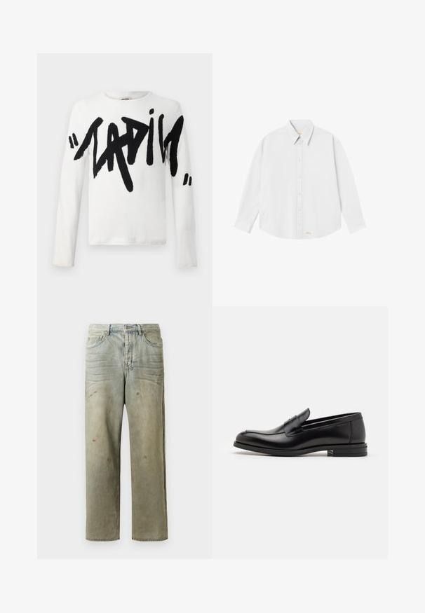 Witte blouse met lange mouwen met grote zwarte tekst die "LADIES" zegt. Zachte stof met een ronde halslijn en een normale pasvorm.; Witte blouse met een klassieke kraag, lange mouwen en een ronde zoom; heeft een klein oranje logo aan de onderkant aan de linkerkant.; Verweerde denim jeans in lichtgroen, met een rechte pijp, vijf-pocket ontwerp en ongelijkmatige vervaging met verfspatten.; Zwarte leren instappers met een gladde textuur, ronde neus en een decoratieve band over de wreef. Lage, gestapelde hak en minimalistisch ontwerp.