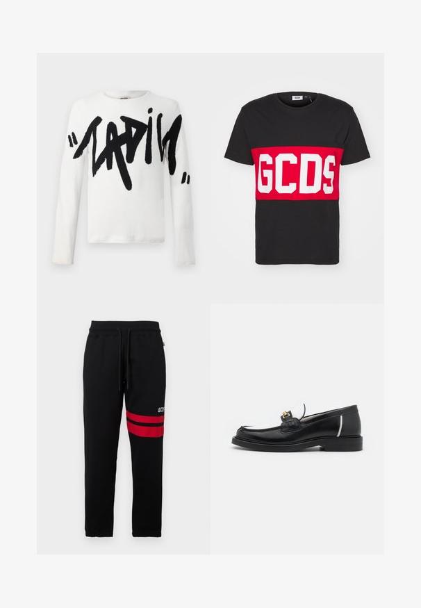 Chemise blanche à manches longues avec un grand texte noir portant le mot "LADIES". Tissu doux, col rond et coupe régulière.; GCDS BAND LOGO REGULAR - T-shirt imprimé - black; Pantalons de survêtement noirs avec des rayures rouges contrastantes et un logo sur le côté. Comprend une taille élastique avec cordon de serrage et des poignets ajustés.; Mocassin en cuir noir avec un bout arrondi, des accents blancs et des détails en or sur le dessus. Présente un empiècement texturé et un talon empilé.