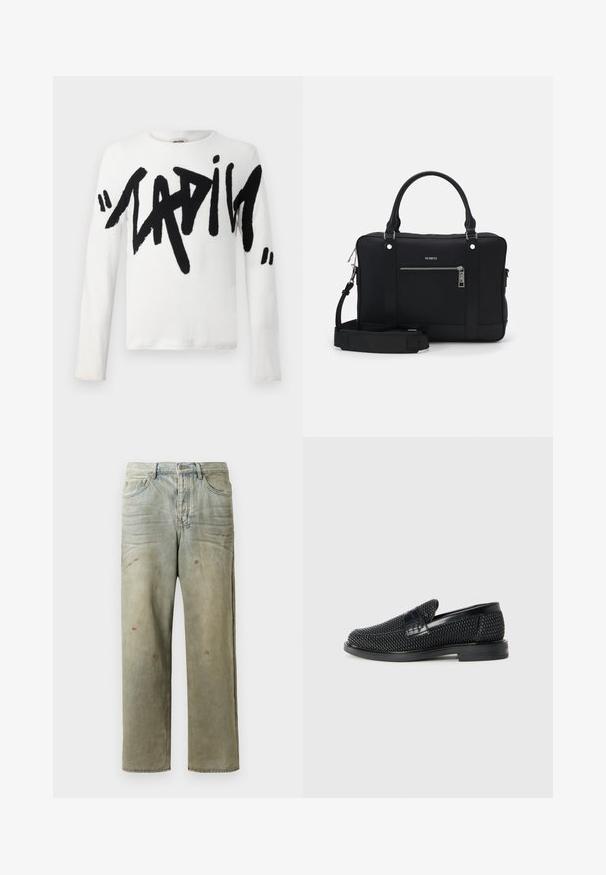 Balta garām piedurknēm krekls ar lieliem melniem burtiem, kas veido vārdu "DĀMAS". Mīksta auduma, ar apaļu izgriezumu un regulāru piegriezumu.; Izsistās džinsās gaisā zaļā krāsā, ar taisnu kāju, piecu kabatu dizainu un nevienmērīgu izbalēšanu, kā arī krāsas šļakatas.; Melnas austas slaidu kurpes ar gludu ādas akcentu augšpusē, apaļas formas purngalu un zemas profila gumijas zoli.; Melnā sintētiskā tote somā ir divas rokas, noņemams plecu siksniņš, priekšējā kabata ar rāvējslēdzēju un sudraba aksesuāri.