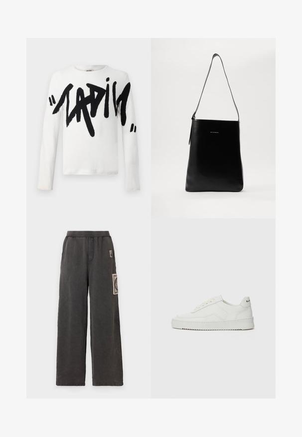 Weißes Langarmshirt mit großem schwarzem Text, der "LADIES" schreibt. Weicher Stoff mit rundem Ausschnitt und normaler Passform.; Weite Hosen aus dunkelgrauem Stoff, mit einem dekorativen Aufnäher auf der vorderen Tasche und einem elastischen Bund für mehr Komfort.; Weiße Ledersneaker mit glatter Oberfläche, runder Zehenpartie, flachen Schnürsenkeln und strukturiertem Sohlenprofil. Mit einem dezenten Logo an der Ferse.; Schwarze Leder-Schultertasche mit glatter Textur, rechteckiger Form und langem Trageriemen; verfügt über ein kleines weißes Logo in der Mitte.