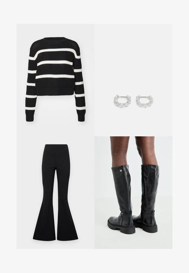 Juodas trumpas megztinis su baltais horizontaliais dryžiais, megztos struktūros, apvaliu kaklu ir įmegztomis rankovėmis bei apačia.; Juodos plačios kelnės, pagamintos iš tamprių audinių su lygiu paviršiumi, turi aukštą liemenį ir plačias, varpo formos kojas.; Juodos iki kelių odinės botai su lygiu paviršiumi, apvaliu pirštu, stambiu padu ir užtrauktuku. Ant šono yra sidabrinė logo.; Sidabrinės auskarų kabliukų formos auskarai, papuošti aiškiais, stačiakampiais ir trikampiais kristalais, kurie išdėstyti raštuotu dizainu. Tvirtinimai, užtikrinantys saugų prilaikymą.