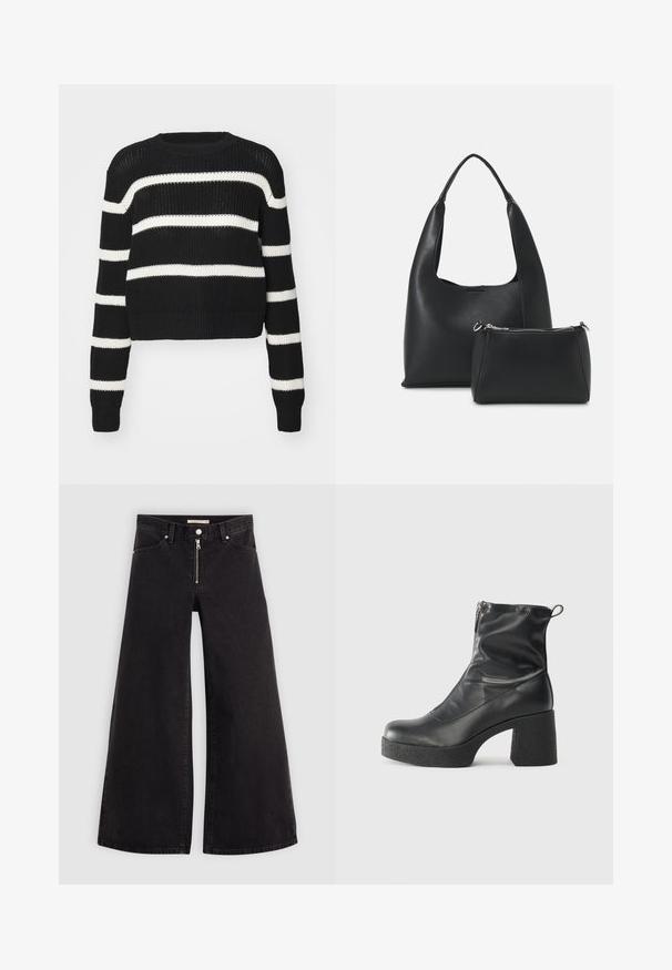 Fekete, cropped pulóver fehér vízszintes csíkokkal, kötött textúrával, kerek nyakkal és bordás mandzsettákkal és aljjal.; Fekete denim széles szárú farmer, cipzáros elejével, öt zsebes kialakítással és diszkrét varrással. Sima textúra és laza stílus.; Fekete bokacsizmák sima bőrből, oldalsó cipzárral, vastag, texturált sarkú és lekerekített orrú dizájnnal.; Even&Odd Kézitáska - black