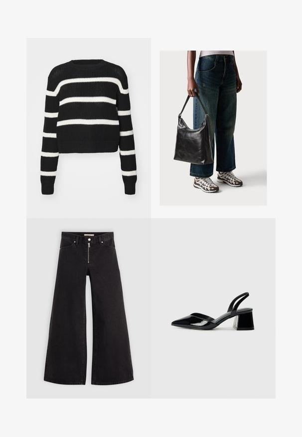 Juodas trumpas megztinis su baltais horizontaliais dryžiais, megztos struktūros, apvaliu kaklu ir įmegztomis rankovėmis bei apačia.; Plačios kojų džinsai iš juodo džinsinio audinio su užtrauktuku priekyje, penkių kišenių dizainu ir subtiliais siuvinėjimo akcentais. Lygus paviršius ir laisvalaikio stilius.; Juodos lakuotos odinės šlepetės su smailiu pirštu ir geometriniu bloko kulnu. Turi elegantišką, minimalistinį dizainą ir lygų paviršių.; Juodas odinis peties krepšys su lygiu paviršiumi ir reguliuojama dirželiu, derinamas su nublukusiais plačiapurčiais džinsais ir sportiniais batais.