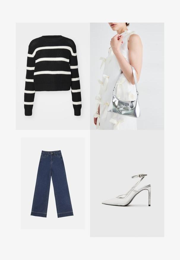Fekete, cropped pulóver fehér vízszintes csíkokkal, kötött textúrával, kerek nyakkal és bordás mandzsettákkal és aljjal.; Sötétkék denim széles lábú farmernadrág. Öt zsebbel, övhurkokkal és nyers szegéllyel az alján, amelyen látható varrási részletek találhatók.; Áttetsző anyagú, hegyes orrú, tiszta stiletto sarokcipő, fémes ezüst díszítéssel és állítható bokahevederrel.; Ezüst fémes kézitáska, struktúrált formával, felső fogantyúval és masnis részlettel az elején. Simaságával és fényes felületével tűnik ki.