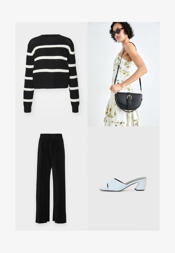 Zwarte crop sweater met witte horizontale strepen, gebreide textuur, ronde hals en geribbelde manchetten en zoom.; Zwarte geplooide broek met een elastische tailleband. Beschikt over wijde pijpen en een glad, gestructureerd stof met verticale strepen.; Lichtblauwe open teen hakmules met een geometrisch ontwerp, voorzien van een brede band over de voet en een forse, hoekige hak.; Zwarte leren handtas met een gebogen vorm, afneembare schouderband en gouden hardware. De tas heeft een klep met een gespsluiting.