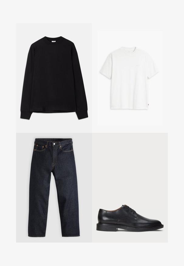 Zwarte hoodie met lange mouwen van zachte katoen. Heeft een ronde halslijn, een ruime pasvorm en geribbelde manchetten. Geen zichtbare patronen of logo's.; Witte katoenen T-shirt met korte mouwen, ronde hals en subtiele Levi's logo gedrukt in het midden. Zachte textuur en standaard pasvorm.; Donkerblauwe denim jeans met een rechte snit, vijf zakken, contrasterende oranje stiksels en een knoopsluiting. Geen zichtbare patronen of versieringen.; Zwart leren dresschoen met een ronde neus, vetersluiting en een lage gestapelde hak. Gladde textuur met minimale stiksels.