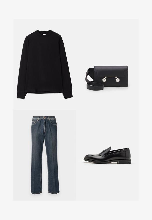 Must must pikkade varrukatega T-särk, mis on valmistatud pehmest puuvillast. Omab ümarat kaelust, laia vormi ja soonikkoes manšette. Ei ole nähtavaid mustreid ega logosid.; Tumedast sinised sirged teksapüksid, millel on ees nupp, tõmblukk, kaks eesmist taskut ja nähtavad vertikaalsed kortsud pükste jalgu pidi.; Mustad mustad nahast loafers sileda tekstuuriga, ümarat ninaosa ja dekoratiivne riba vampi üle. Madal kihiline konts, minimalistlik disain.; Must со хsaid crossover kottiga black nahka, mis on varustatud klapiga sulgemisega, hõbedased detailid ja kaks ümmargust aksessuaar. Omab eemaldatavat rihma. Sile tekstuur.