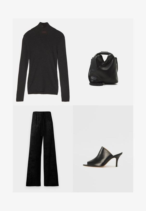 Black long-sleeve turtleneck made of soft fabric with a subtle sheen. Features a fitted silhouette and a high neck design.; Wide-leg black trousers made of smooth fabric, featuring an elastic waistband, drawstring detail, and a subtle floral pattern.; Black leather open-toe mule with a sleek, curved design, high stiletto heel, and smooth texture. The interior features a contrasting light color.; Black, soft leather bag with a unique twisted design. Features a short handle and a detachable shoulder strap. Minimalist style.