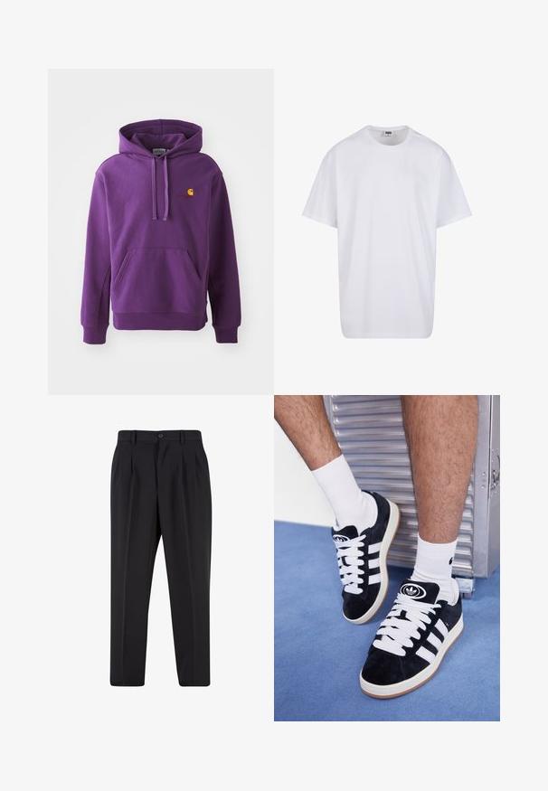 Lila Kapuzenpullover mit einer Fronttasche und gerippten Ärmelbündchen, versehen mit einem kleinen orangefarbenen Carhartt-Logo auf der Brust. Weicher Stoff.; Weiße Baumwoll-T-Shirt mit kurzen Ärmeln, rundem Ausschnitt, lockerer Passform und ohne sichtbare Logos oder Muster. Glatte Textur und minimalistisches Design.; Schwarze Hose mit plissiertem Vorderdesign, aus glattem Stoff gefertigt. Mit Knopfverschluss und Gürtelschlaufen; gerade Passform.; Schwarze Wildledersneaker mit weißen Schnürsenkeln und drei weißen Streifen. Verfügt über ein kreisförmiges schwarzes Logo auf der Zunge und eine Gummisohle.