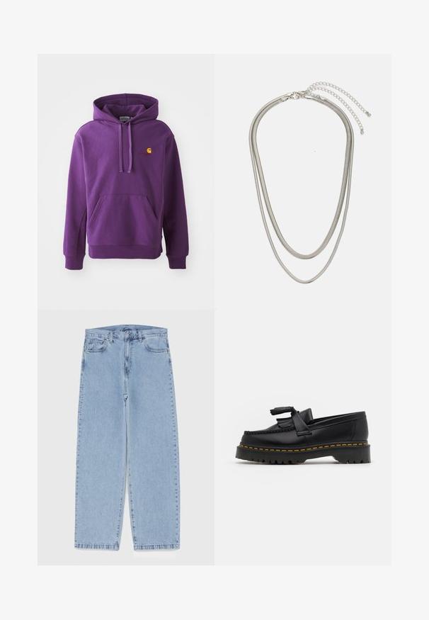 Purple hooded sweatshirt with a front pocket and ribbed cuffs, featuring a small orange Carhartt logo on the chest. Soft fabric texture.; Light blue denim jeans with straight leg design, featuring a mid-rise waist, five pockets, and a button and zipper closure.; Black leather loafer with a tasseled accent, featuring a chunky black sole and yellow stitching along the edge. Textured finish.; Three-layered silver metal necklace featuring sleek, flexible chains with a slight sheen, secured with a lobster clasp and adjustable chain.