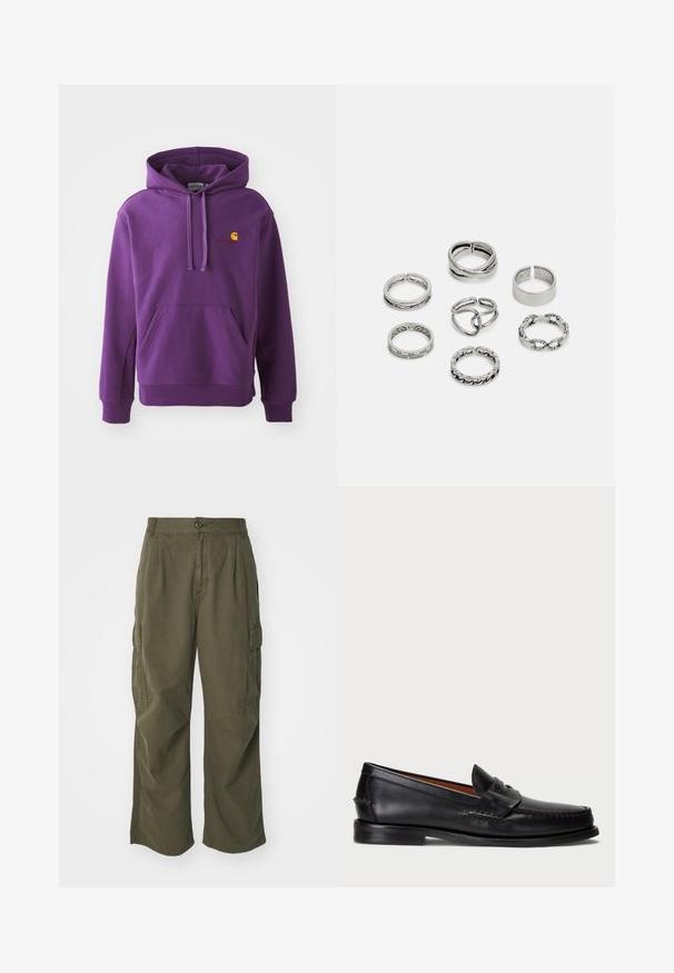 Felpa con cappuccio viola, dotata di tasca frontale e polsini a coste, con un piccolo logo arancione Carhartt sul petto. Tessuto morbido al tatto.; Pantaloni cargo in verde oliva, realizzati in cotone, con un design a gamba larga, pieghe e tasche laterali per utilità.; Mocassino in pelle nera con punta arrotondata, dettagli cuciti e una fascia decorativa sul davanti. Suola piatta con profilo minimal.; Set di sette anelli in argento con diversi design, tra cui motivi attorcigliati, collegati e incisi. Diverse forme e larghezze.