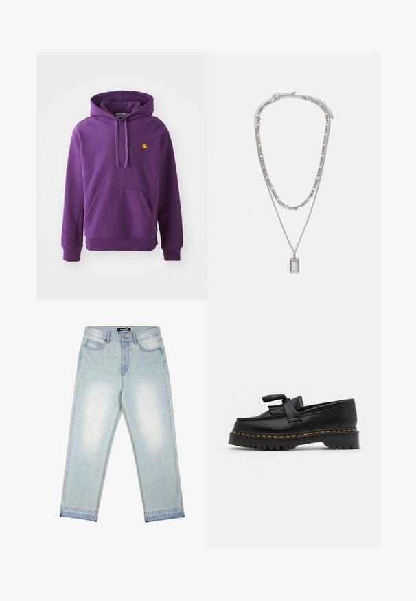 Purple hooded sweatshirt with a front pocket and ribbed cuffs, featuring a small orange Carhartt logo on the chest. Soft fabric texture.; Pegador BARROW - Loose Jeans - sand washed blue; Black leather loafer with a tasseled accent, featuring a chunky black sole and yellow stitching along the edge. Textured finish.; Silver necklace with two layered chains; features a rectangular pendant with a smooth surface, showcasing a polished metal finish.