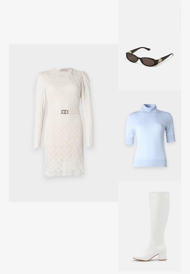 pure cashmere TURTLE NECK SHORT SLEEVE - Džemperis - baby blue; Ziedu raksta mežģīņu kleita smalkā baltā krāsā ar garām piedurknēm, V-veida kakla izgriezumu un rakstainu tekstūru. Apsēju viduklī izceļ sudraba krāsas josta.; Baltas līdz ceļgaliem augstpapēžu zābaks ar gludu, spīdīgu apdari. Kvadrāta formas bloka papēdis un smalks šuvums gar sāniem.; Tīģerbrūnā sauļošanās brillēm ar izstieptām ovālām lēcām, brūnu tonējumu, zeltītiem logotipa akcentiem uz tempļiem un plānām melnām kājām.; Zelta toņa savērptie gredzeni sakrauti kopā, ar teksturētu dizainu un gludām, lokainām malām, radot organisku, plūstošu izskatu.