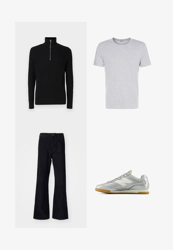 Svart, ruted genser med høy hals og glidelås i kvart lengde, med lange ermer. Laget av strukturert materiale, med et vertikalt ribbemønster.; Grå bomull t-skjorte med rund hals, korte ermer og et ensfarget design, med en myk, glatt tekstur og ingen synlige mønstre eller dekorasjoner.; Sorte, bomulls flared bukser med tradisjonell midjebånd, enkelt frontknapp, og lommer på sidene og bak. Glatt tekstur.; Sølv idrettssko med en glatt, blank overflate, hvit logo på siden, teksturerte grå snører, og såle av gummigummi.