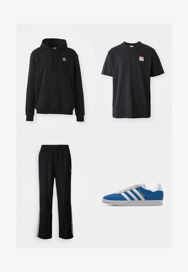 Melna kokvilnas hoodie ar kengūra kabatu, balts Adidas logo, ribota apkakle un apakšmalu, ar regulējamu kapuci un šuvēm.; Melna kokvilnas T-krekls ar apaļu kaklu, īsām piedurknēm un nelielu krāsainu etiķeti kreisajā krūtīs, kurā ir vārds "SUPERIOR".; Melni sporta bikses ar elastīgu jostas vietu, kurām ir baltas sānu svītras un neliels logotips. Materiāls izskatās mīksts un viegls.; adidas Originals ADIDAS GAZELLE SHOES - Futbola apavi iekštelpām - real madrid/bluebird/footwear white/crew yellow