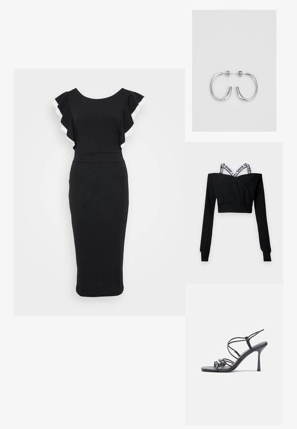 Juodas trumpintas megztinis ilgomis rankovėmis su baltais kryžiuotais petnešomis, pažymėtomis prekės ženklu.; Juoda suknelė su išsiplėtusiomis rankovėmis, dekoruotomis baltomis detalėmis, prigludusiu liemeniu ir midi ilgio siluetu, pagaminta iš lygios medžiagos.; Juodos aukštakulnės sandalai pasižymi plonyčiais dirželiais su mazgo dizainu, lygiu kvadratiniu pirštu ir elegantišku stiletto kulnu.; Šviesiai pilka metalinė rankinė su grandinėlės dirželiu, papuošta mažais apvaliais metaliniais smeigėmis ir trikampiu prekės ženklu.; Sidabrinės auskarai žiedai su lygiu, blizgiu paviršiumi. Suapvalinta forma, lengvas dizainas, su uždarymu ant smeigtuko.
