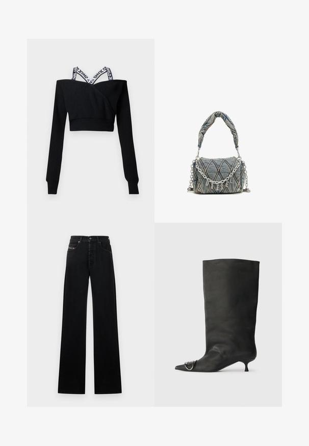Fekete, rövidített kötött pulóver hosszú ujjakkal és fehér, márkázott, keresztbe vetett vállpántokkal.; Fekete, széles szárú farmernadrág, gombos elülső záródással, öt zsebbel és egy kis logófolttal a derékrészen.; Fekete bőr bokacsizma hegyes orral, kis sarokkal és fémes díszítéssel az orrán. Az egész felületen sima, matt textúra.; Farmer táska steppelt mintával, kék színben, rövid fonott kézi fogantyúval és ezüst lánc pánttal, amelyen fényes márkaneves díszítés található.