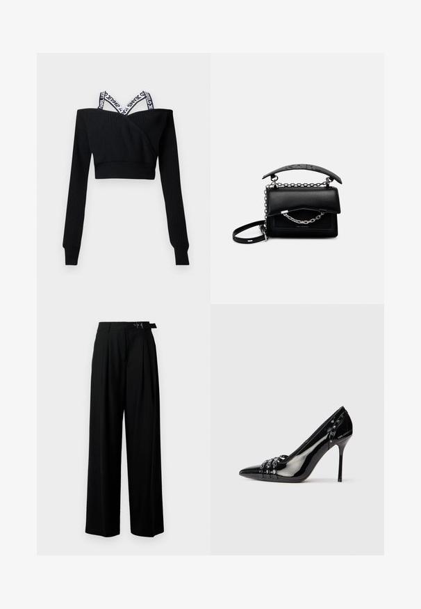 Camisola preta de malha curta com mangas compridas e alças brancas cruzadas com marca nos ombros.; Calças largas pretas de cintura alta, com pregas à frente e um cinto com fivela. Feitas de um tecido liso e leve.; Sapato de salto agulha em pele envernizada preta, com bico pontudo, três correias decorativas com tachas e a marca "Karl Lagerfeld" no salto.; Bolsa de couro preta com um design estruturado, detalhes em corrente e alça, e uma superfície texturizada. Apresenta um fecho de aba com a marca visível.