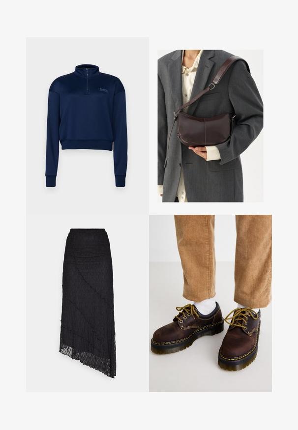 Tums zilas apakškrēmja ar rāvējslēdzēju, izgatavots no mīkstas auduma, ar garām piedurknēm un saīsinātu dizainu, ar ribota apakšmala un piedurknēm.; ONLY ONLKIM LACE SKIRT - Maksi svārki - black; Brūni ādas apavi ar dzelteniem diegiem, apaļa purngala forma, bieza platforma un kontrastējoši melni akcenti. Valkāti ar baltām zeķēm un kordūrām.; Brūna ādas plecu soma ar izliekta dizaina, kas piedāvā noņemamu siksnu, gludu tekstūru un redzamās šuvju detaļas.