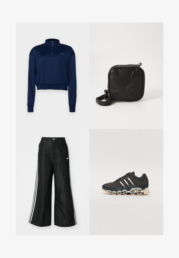 Sudadera de cuello con cremallera en color azul marino, hecha de un tejido suave, con mangas largas y un diseño recortado con ribetes en el dobladillo y en los puños.; Pantalones de denim anchos y negros con tres franjas blancas en cada lado y un pequeño logo blanco. Cuenta con bolsillos frontales y un cierre de botón.; Zapatilla deportiva negra con parte superior texturizada, tres rayas plateadas y una suela de amortiguación distintiva que presenta múltiples secciones integradas.; Bolso cruzado negro hecho de material sintético texturizado. Presenta un diseño de logo en relieve y correa ajustable. Cierre con cremallera.