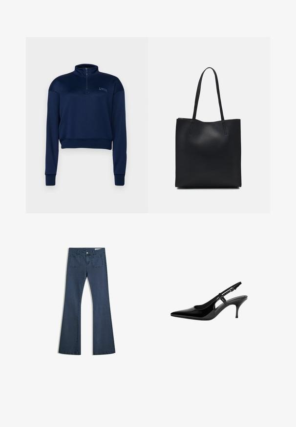 Sweatshirt bleu marin cu guler cu fermoar, confecționat dintr-un material moale, având mâneci lungi și un design cropped cu tiv și manșete cu nervuri.; Jeans din denim de un albastru închis, cu o croială evazată, buzunare cusute, închidere cu nasture și o textură netedă. Are un design clasic cu cinci buzunare.; Pump slingback din piele lacuită neagră, cu vârf ascuțit, decupaje laterale deschise, toc subțire și curea ajustabilă pentru gleznă.; Geantă tote neagră din piele, cu textură netedă, formă rectangulară și două mânere lungi. Fără hardware vizibil sau ornamente.