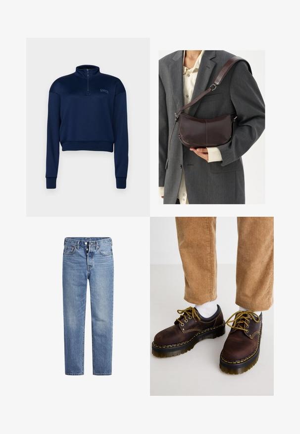 Tumedast sinine lukuga sweatshirt pehmest kangast, pikkade varrukatega ja lühendatud disainiga, millel on soonikkoes äär ja varrukaotsad.; Heled sinised teksad sirge lõikega, viie tasku disainiga ja nööpidega kinni. Omavad kerget pleekimist ja oranže õmblusi.; Pruunid nahast kingad, millel on kollane õmblus, ümmargune varvas, paks platvormi talla ja kontrastsed mustad aktsendid. Kanda valgete sokkidega ja volditud pükstest.; Pruun nahast õlalauk, millel on kaarjas disain, eemaldatav rihm, sile tekstuur ja nähtavad õmblusdetailid.
