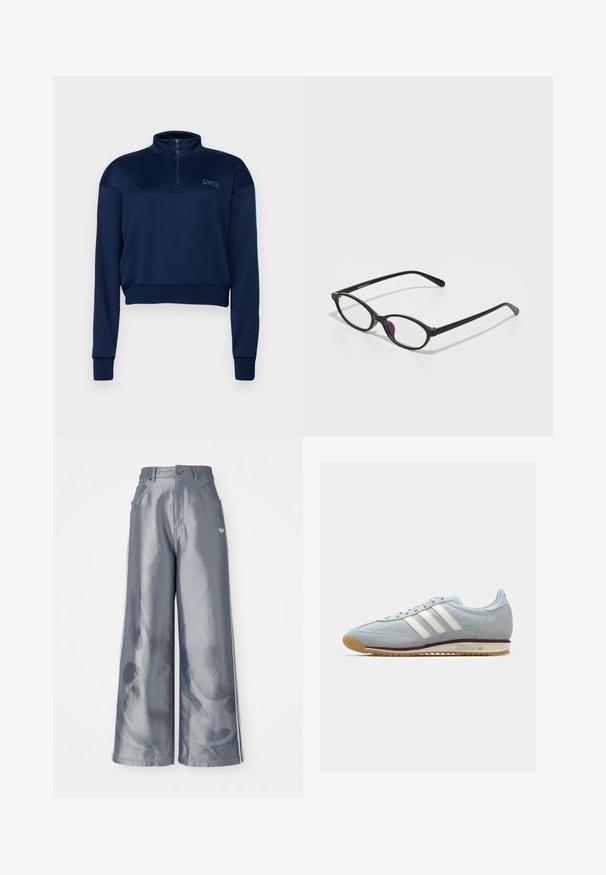Sötétkék, cipzáros pulóver, puha anyagból, hosszú ujjakkal és rövidített fazonban, bordázott szegéllyel és mandzsettákkal.; Fényes szürke anyagú, bőszárú nadrág, fehér oldalsávokkal és lángmintával az alsó lábakon. Gombos és cipzáras záródás a deréknál.; Világoskék velúr sneaker fehér három csíkkal, gumitalppal és texturált hálós anyaggal. Jellemzője a sima orr-rész és a logó a saroknál.; Fekete műanyag szemüveg ovális formával, átlátszó lencsékkel és egy lila akcentussal a bal lencsén. Stílusos, minimalista dizájn.