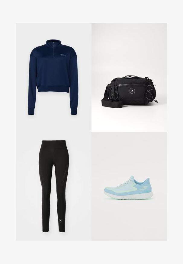 Navy blue zip-neck sweatshirt made of soft fabric, featuring long sleeves and a cropped design with a ribbed hem and cuffs.; Black leggings with a high waistband, featuring perforated detailing on the sides and a small logo at the ankle. Smooth, stretchy fabric.; Light blue athletic shoe with mesh upper, rounded toe, cushioned sole, and reflective accents. Features lacing and a supportive heel.; Black nylon crossbody bag with adjustable strap, textured surface, zip pockets, and bungee cord detailing. Logo printed on the front.
