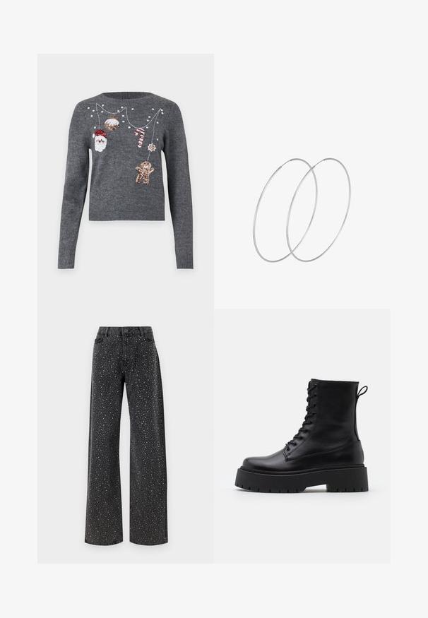 JDY JDYTWINKLE XMAS O NECK PULLOVER - Maglione - medium grey melange; Noisy May NMJANNEL LOOSE - Jeans baggy - black denim; Stivaletti in pelle nera alla caviglia con punta rotonda, lace-up frontale e suola in gomma spessa con battistrada textured. Tassello sul retro.; Orecchini a cerchio in argento con un design minimalista. Forma circolare, superficie liscia e profilo sottile. Leggeri con una finitura lucida.