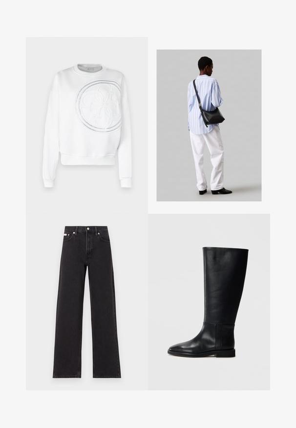 Balts svīteris ar apaļu kakla izgriezumu, kam ir liels iespiedums ar logo dizainu un smalki perforēti akcenti priekšā. Mīksta tekstūra, brīva piegriezne.; Melni platmalu džinsi, kas izgatavoti no denima, ar augstu vidukli, piecu kabatu dizainu un metāla pogas aizdari ar kontrastējošu šuvumu.; Melnas ādas līdzceļgala zābaki ar noapaļotu pirkstu, gludu tekstūru, minimālistisku dizainu un plakanu zoli. Vienkāršas šuvju detaļas uz zābaku augšdaļas.; Melna ādas plecu soma ar mīkstu tekstūru, trīsstūra formu un regulējamu siksnu, apvienota ar gaiši zilu svītrotu krekli un baltām biksēm.