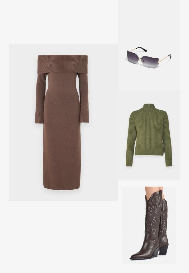 Maglione a coste verde con colletto alto e zip corta, caratterizzato da una silhouette aderente e maniche lunghe. Tessuto testurizzato.; Abito a maglia marrone off-the-shoulder con maniche lunghe, design aderente e dettagli a coste sul collo e sui polsini. Tessuto liscio.; Stivali da cowboy in pelle marrone con punta affusolata e tacco a blocco, caratterizzati da dettagliati ricami e accenti rialzati sul gambale.; Occhiali da sole con lenti a gradiente grigio, montatura in metallo dorato e dettagli in plastica nera. Lenti a forma di farfalla uniche con stanghette sottili.