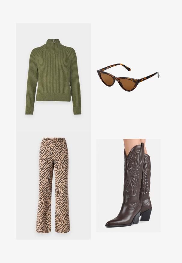 Zeleni rebrasti pleteni džemper s visokim ovratnikom i kratkim zatvaračem, s prilagođenim siluetom i dugim rukavima. Teksturirana tkanina.; Hlače širokih nogavica s uzorkom tigra u nijansama smeđe i crne boje, s standardnim pojasom i dizajnom s pet džepova.; Smeđe kožne kauboj čizme s šiljastim vrhom i blok-potpeticom, s detaljno izvezenim šavovima i uzdignutim naglascima na okovu.; Sunglasses u obliku mačjih očiju s okvirom u crno-narančastom kornjačevom uzorku, smešnim lećama i elegatnim, šiljastim vrhovima. Sadrži minimalni logo na dršci.