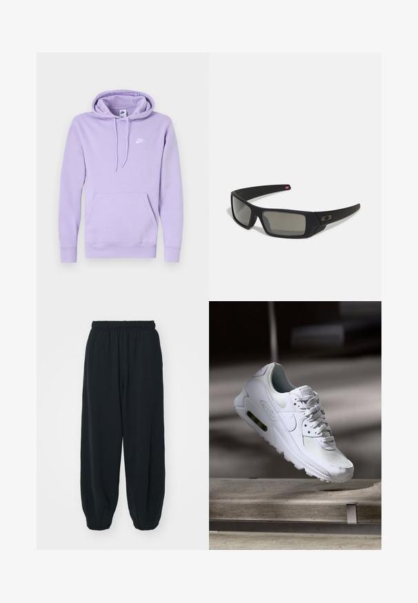 Ljubičasti dukserica s kapuljačom izrađen od mekanog materijala, s prednjim džepom, kapuljačom sa špagom i bijelim Nike logotipom na grudima.; Crne, dukserice s elastičnim strukom, širokog kroja, s manžetama na gležnjevima, glatke teksture i bez vidljivih uzoraka ili metalnih detalja.; Bijela Nike Air Max 90 tenisica s gornjim dijelom od mrežice i kože, perforiranim prstima i vidljivom zračnom jedinicom u peti.; Crne sunčane naočale s mat površinom, pravokutnim staklima, blagim zakrivljenjima na sljepoočnicama, suptilnim logotipom i dimnim staklima.