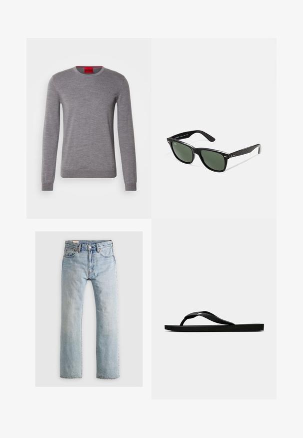 HUGO SAN CEDRIC - Stickad tröja - medium grey; Ljusblå denimjeans med rak benklippning, fem fickor och kontrasterande sömmar. Har en dragkedja och metallknappstängning.; Svart gummislip-in sandal med ett texturerat rem och enkel platt sula, visas från sidan på en enkel ljus bakgrund.; Svarta plastsolglasögon med gröna linser, fyrkantiga bågar, silverdetalj på ögonbrynet och texturerade skalmar. Angiven märkning på den inre skalmen.