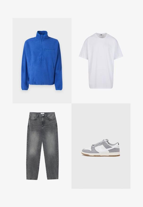 Blue fleece pullover with quarter-zip, chest zipper pocket, side zip pockets, high collar, and embossed GAP logo on front center.; White cotton t-shirt with short sleeves, rounded neckline, relaxed fit, and no visible logos or patterns. Smooth texture and minimal design.; High-waisted, loose-fitting jeans in faded black denim. Features five pockets, belt loops, and a clean, straight leg design.; Nike sneakers feature a gray suede and white leather upper with perforations, round laces, and a gum sole for traction.