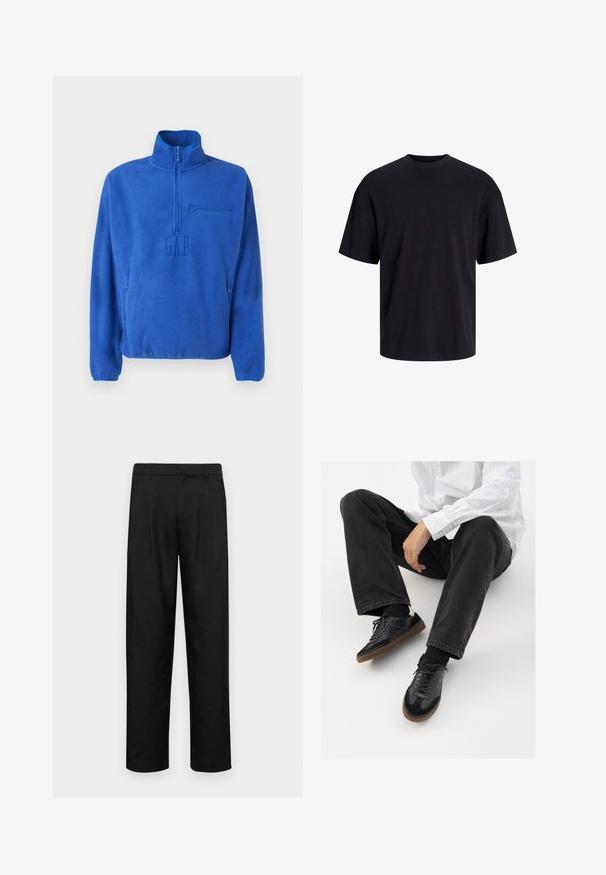 Blue fleece pullover with quarter-zip, chest zipper pocket, side zip pockets, high collar, and embossed GAP logo on front center.; Black cotton t-shirt with a crew neckline, short sleeves, and a relaxed fit. Smooth texture and no visible patterns or accents.; Black trousers made of smooth fabric, featuring a straight-leg design, two front pleats, and standard waistband with belt loops.; Black sneakers with a smooth and textured upper, featuring a rubber sole and dark laces. Paired with black jeans and a white striped shirt.