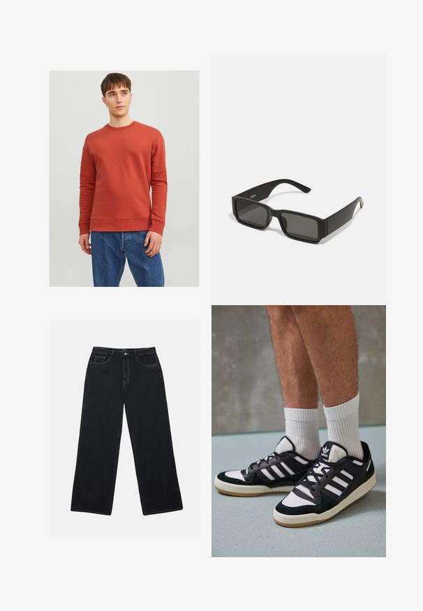 Jack & Jones JJESTAR CREW NECK - Sweatshirt - cinnabar; Sorte denim bredde bukser har høy midje, frontlommer og kontraststing. Stoffet har en glatt, litt teksturert overflate.; Sorte og hvite sneakers med overdel i semsket skinn og lær, med tre hvite striper, perforert tå og en såle av gummi.; Svarte solbriller med rektangulære linser, matte plastikkramme og rette kanter. Har merkevarelogo på innsiden av armen.